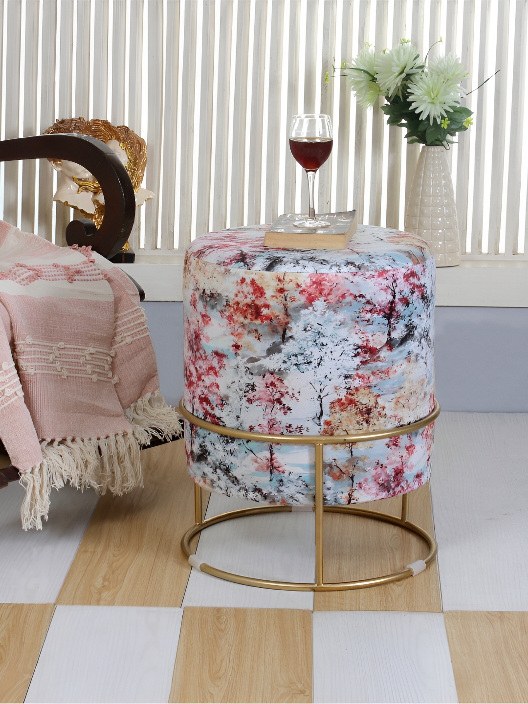 

Shadowkart Pink & White Wooden Pouffes Sitting Mudda Ottomans