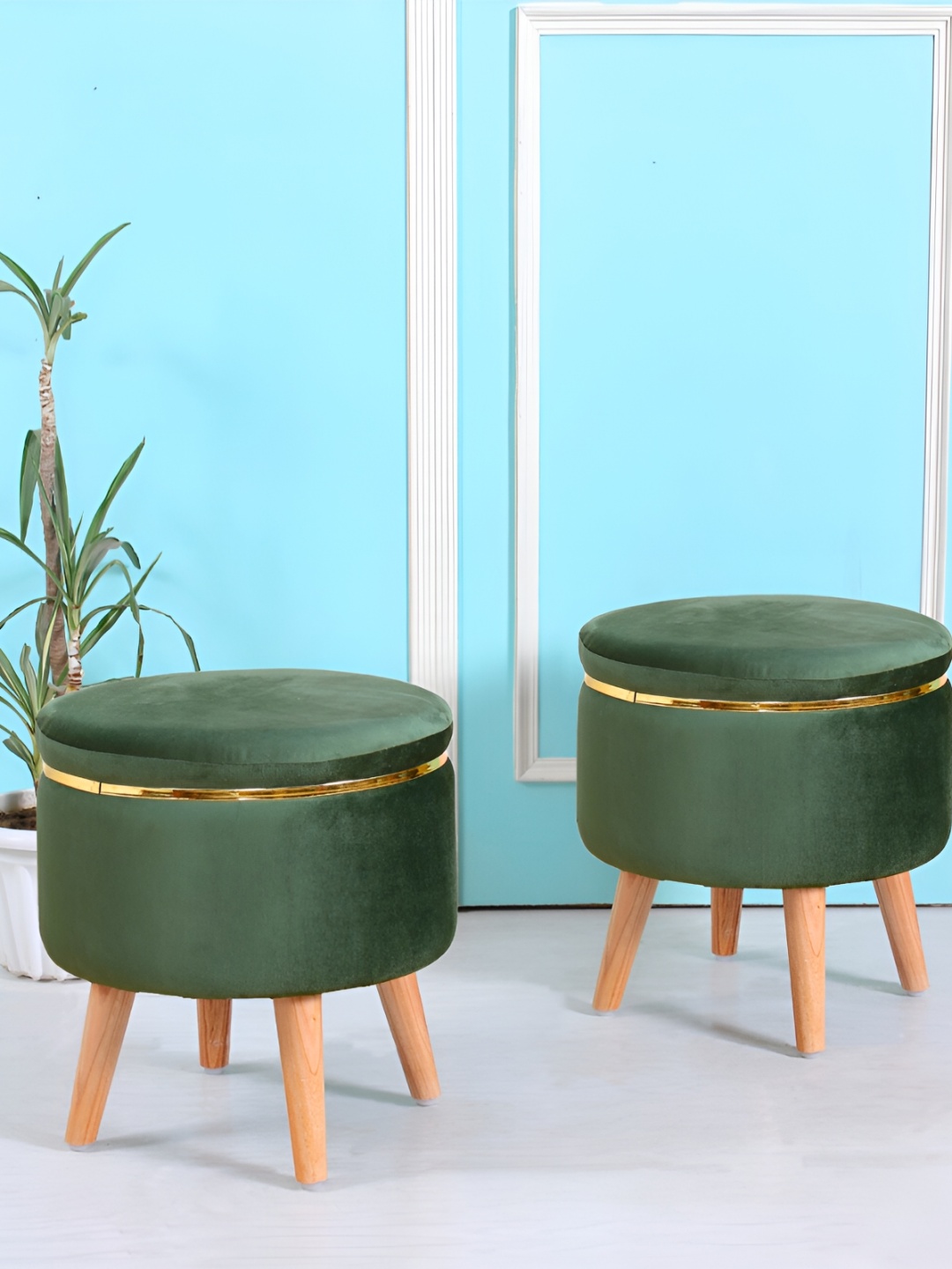 

Shadowkart Green Wooden Pouffes Sitting Mudda Ottomans