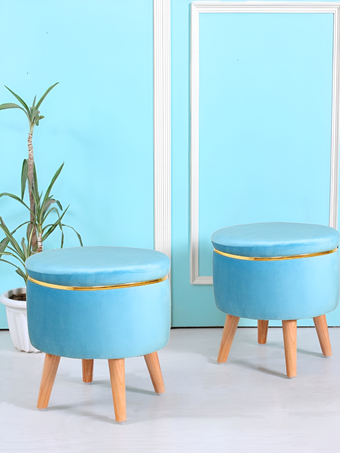 

Shadowkart Blue Wooden Pouffes Sitting Mudda Ottomans