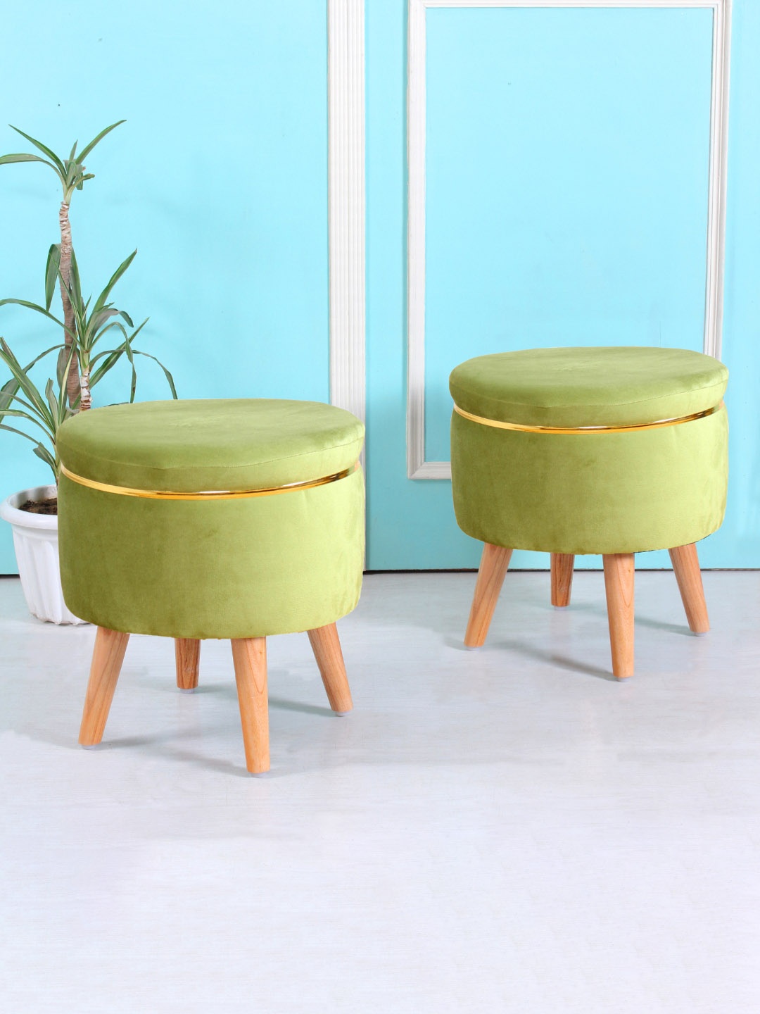 

Shadowkart Green Wooden Pouffes Sitting Mudda Ottomans