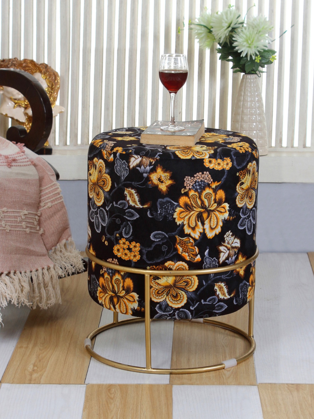 

Shadowkart Black & Gold Toned Wooden Pouffes Sitting Mudda Ottomans