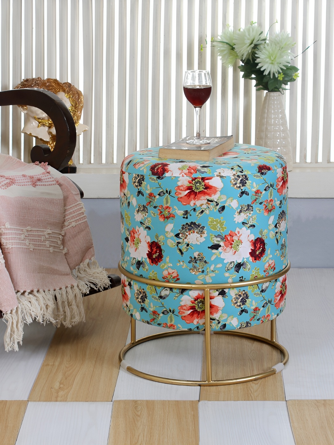 

Shadowkart Blue Wooden Pouffes Sitting Mudda Ottomans