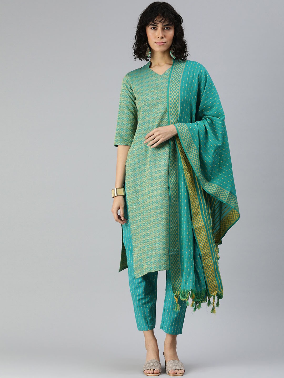 

KALINI Self Design Mandarin Collar Thread Work Straight Kurta with Trousers & Dupatta, Green