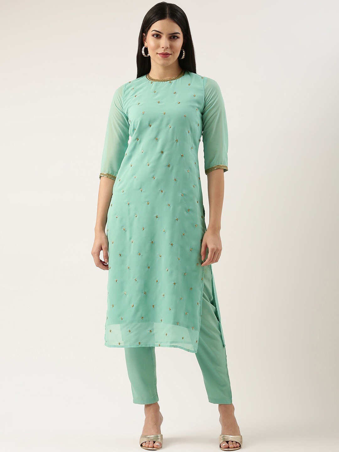 

KALINI Floral Embroidered Round Neck Sequinned Georgette Straight Kurta With Trouser, Turquoise blue