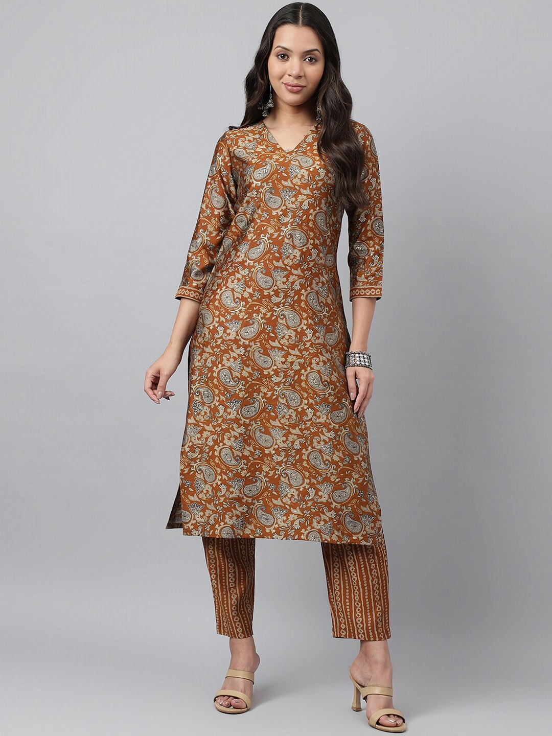 

KALINI Paisley Printed V-Neck Straight Kurta With Trouser, Brown