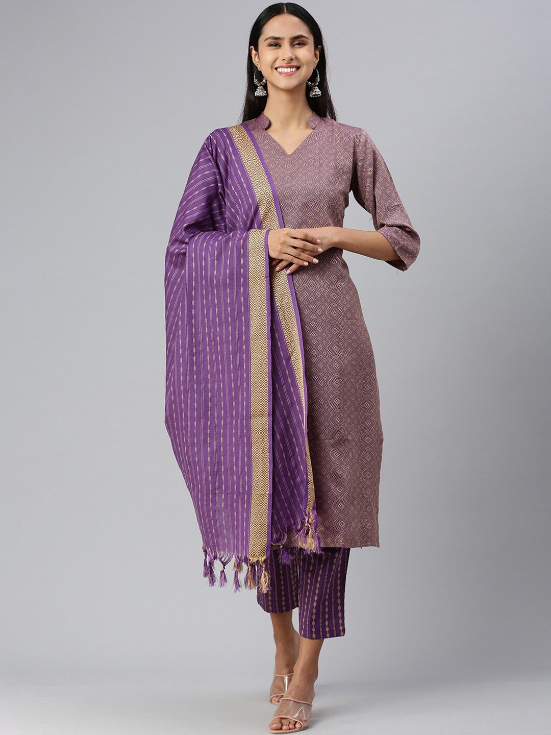 

KALINI Mandarin Collar Ethnic Printed Straight Kurta with Trousers & Dupatta, Purple