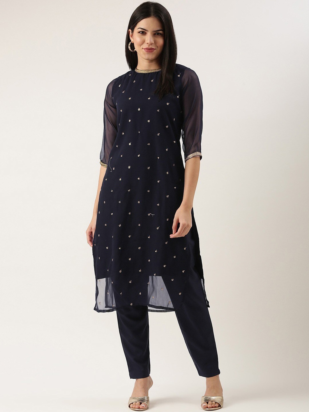 

KALINI Round Neck Ethnic Embroidered Sequinned Straight Kurta with Trouser, Navy blue