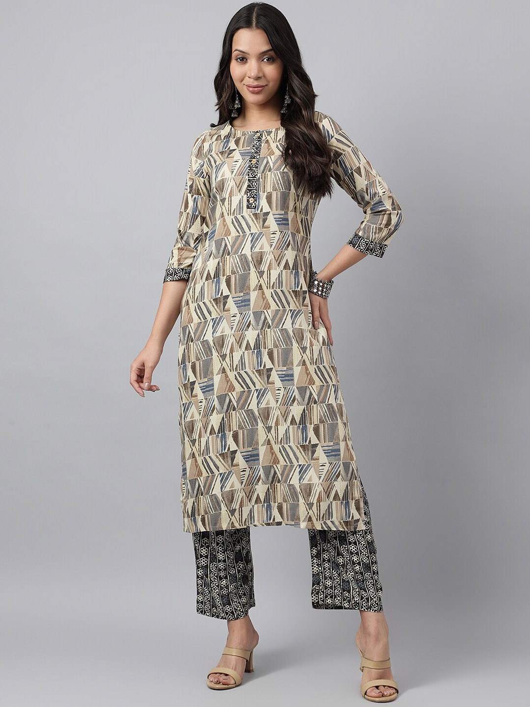 

KALINI Round Neck Geometric Printed Straight Kurta with Trouser, Off white