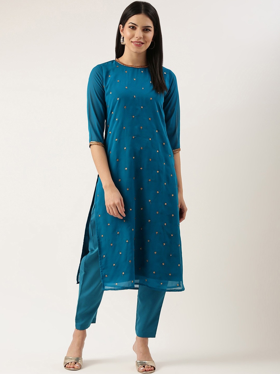 

KALINI Embroidered Sequinned Round Neck Straight Kurta & Trousers, Blue