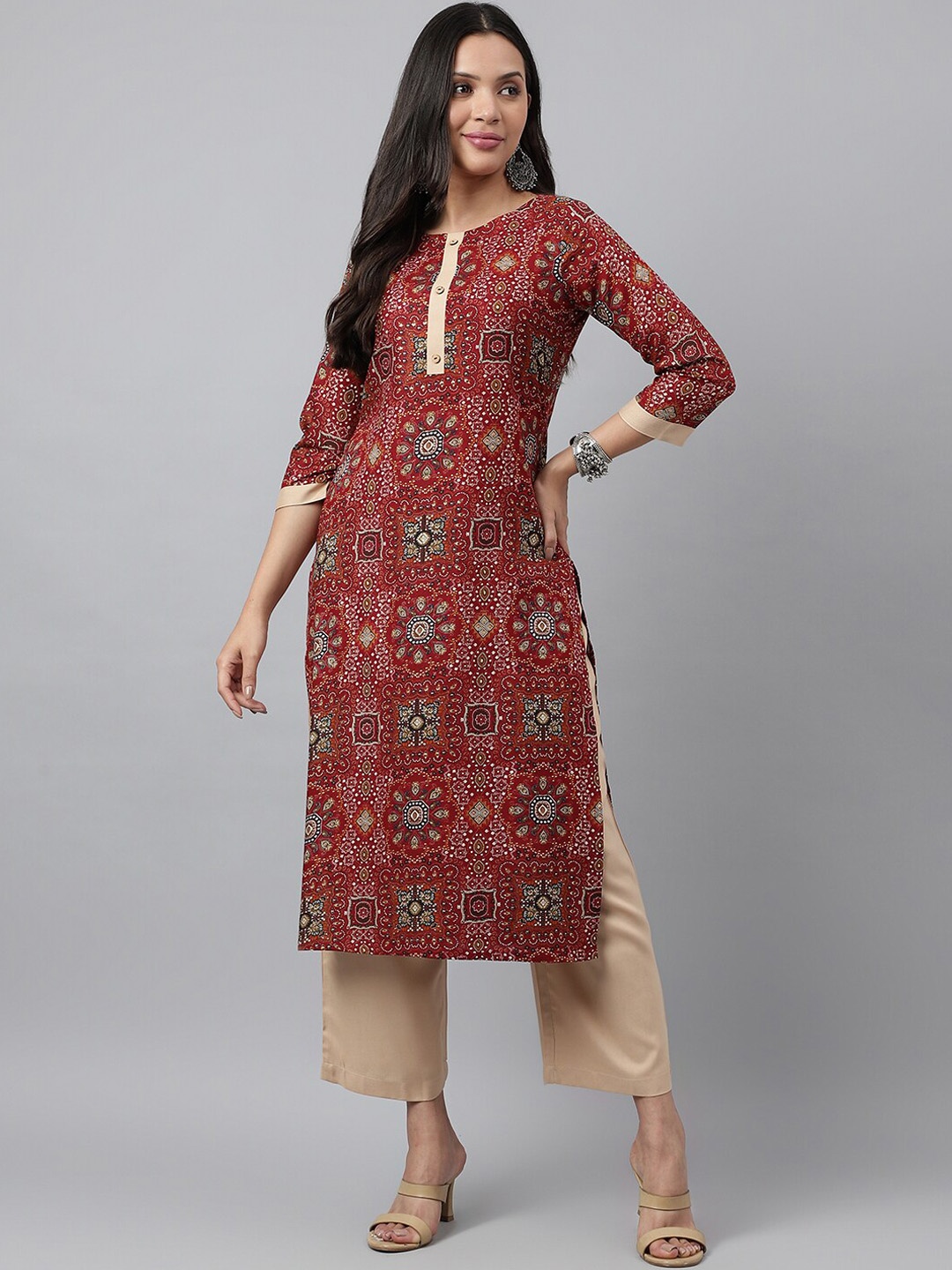 

KALINI Ethnic Motifs Printed Round Neck Straight Kurta With Trouser, Maroon
