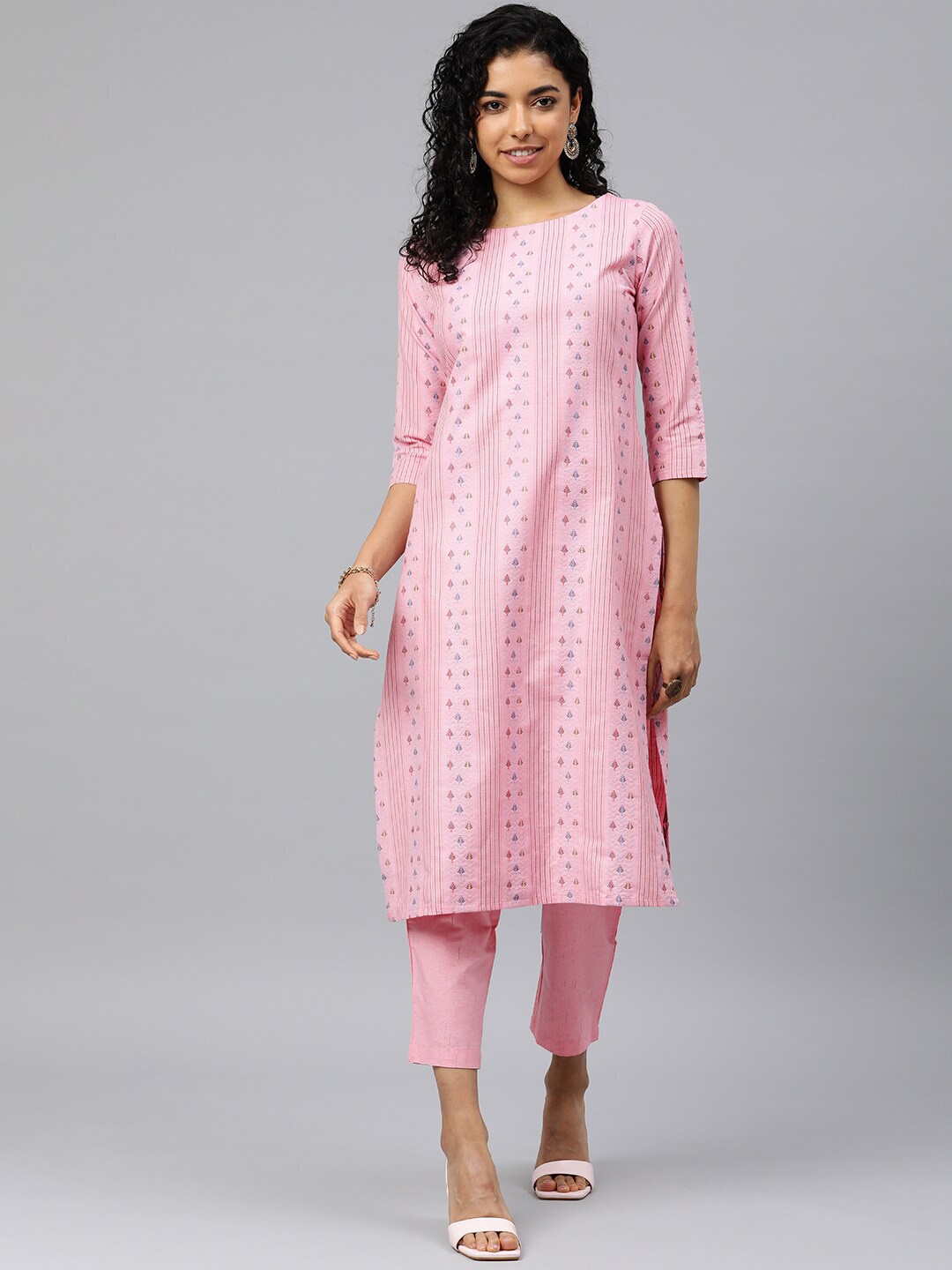 

KALINI Round Neck Self-design Printed Straight Kurta with Trousers & Dupatta, Pink