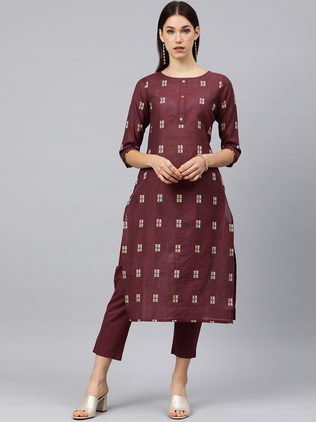 

KALINI Round Neck Regular Thread Work Kurta with Trousers, Maroon