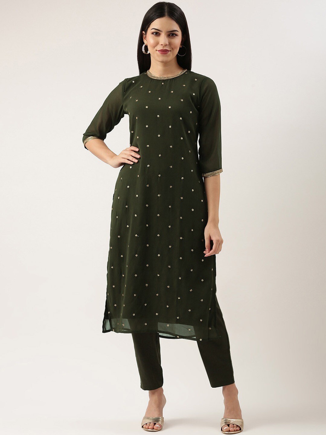 

KALINI Floral Embroidered Straight Kurta & Trousers With Dupatta, Olive