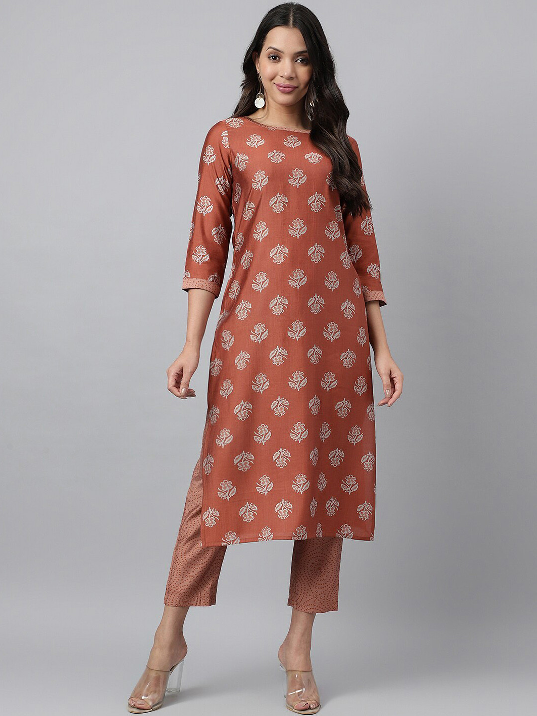 

KALINI Floral Printed Round Neck Chanderi Cotton Straight Kurta With Trouser, Rust