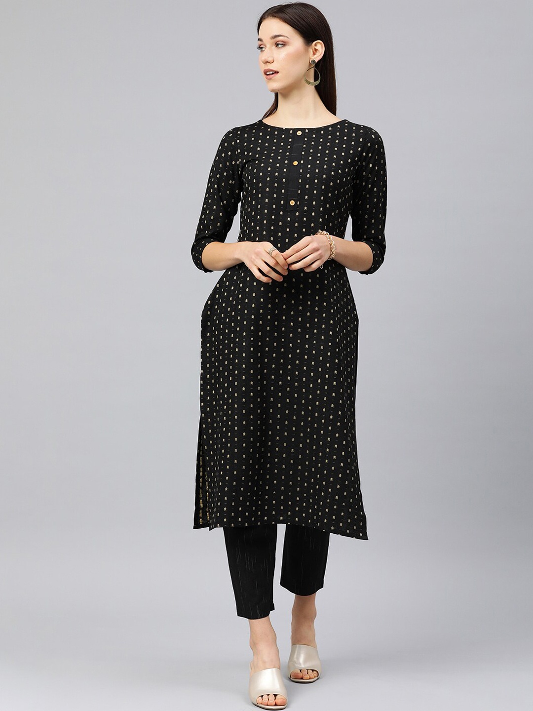 

KALINI Self-design Printed Straight Thread Work Straight Kurta with Trousers, Black
