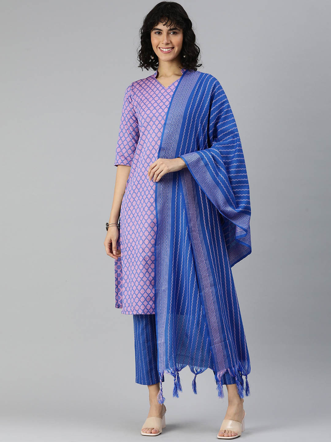

KALINI V-Neck Regular Thread Work Kurta with Trousers & With Dupatta, Pink