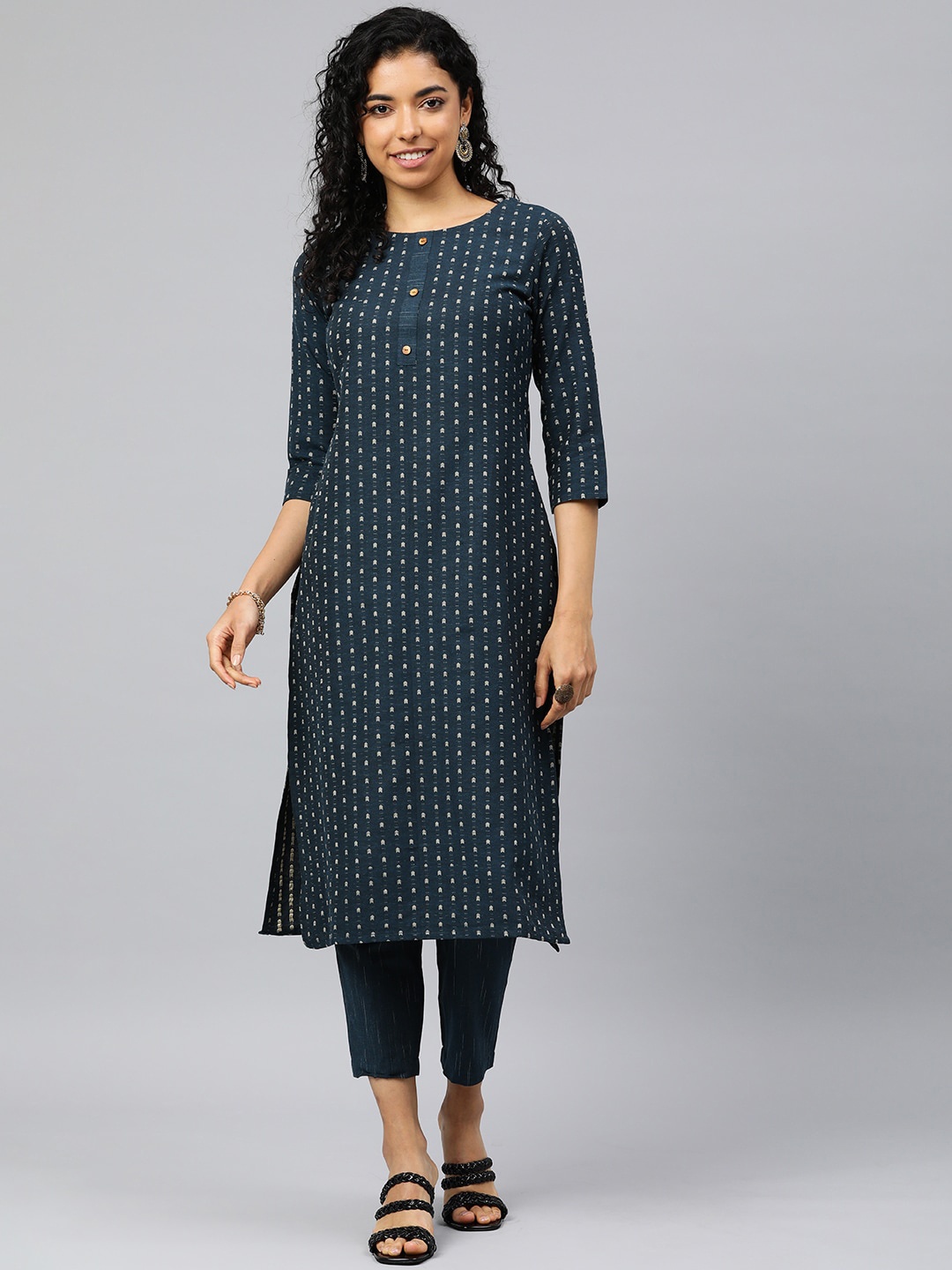 

KALINI Self-design Printed Round Neck Thread Work Straight Kurta with Trousers, Navy blue