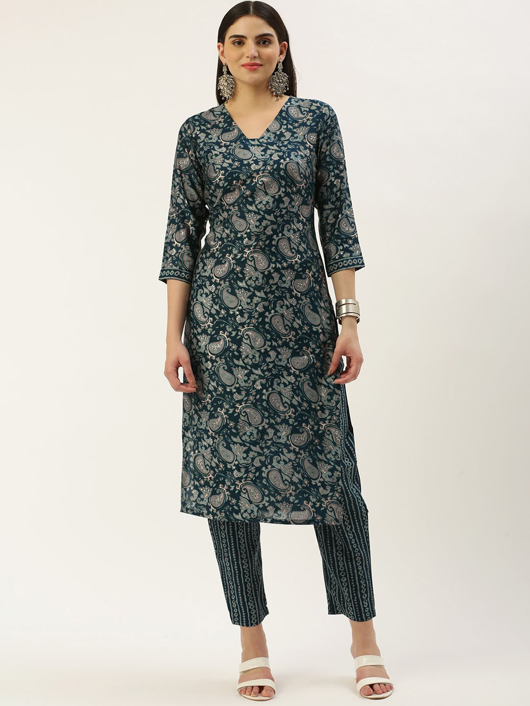 

KALINI V-Neck Ethnic Motifs Printed Regular Kurta with Trousers, Teal