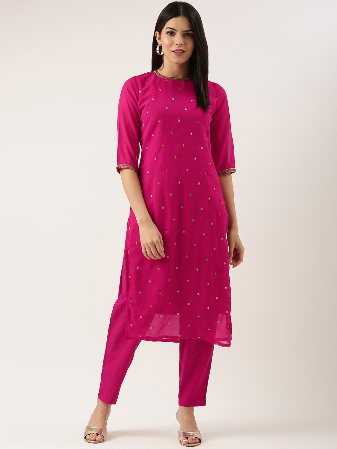 

KALINI Round Neck Floral Embroidered Sequinned Kurta with Trousers, Magenta