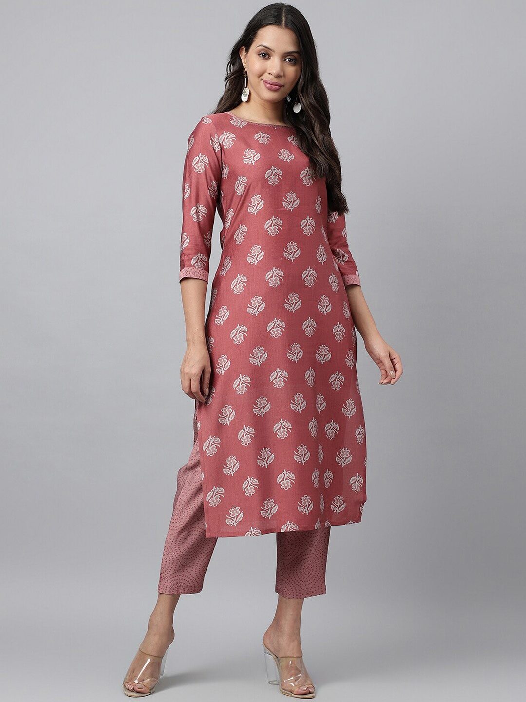 

KALINI Round Neck Floral Printed Straight Kurta with Trouser, Pink