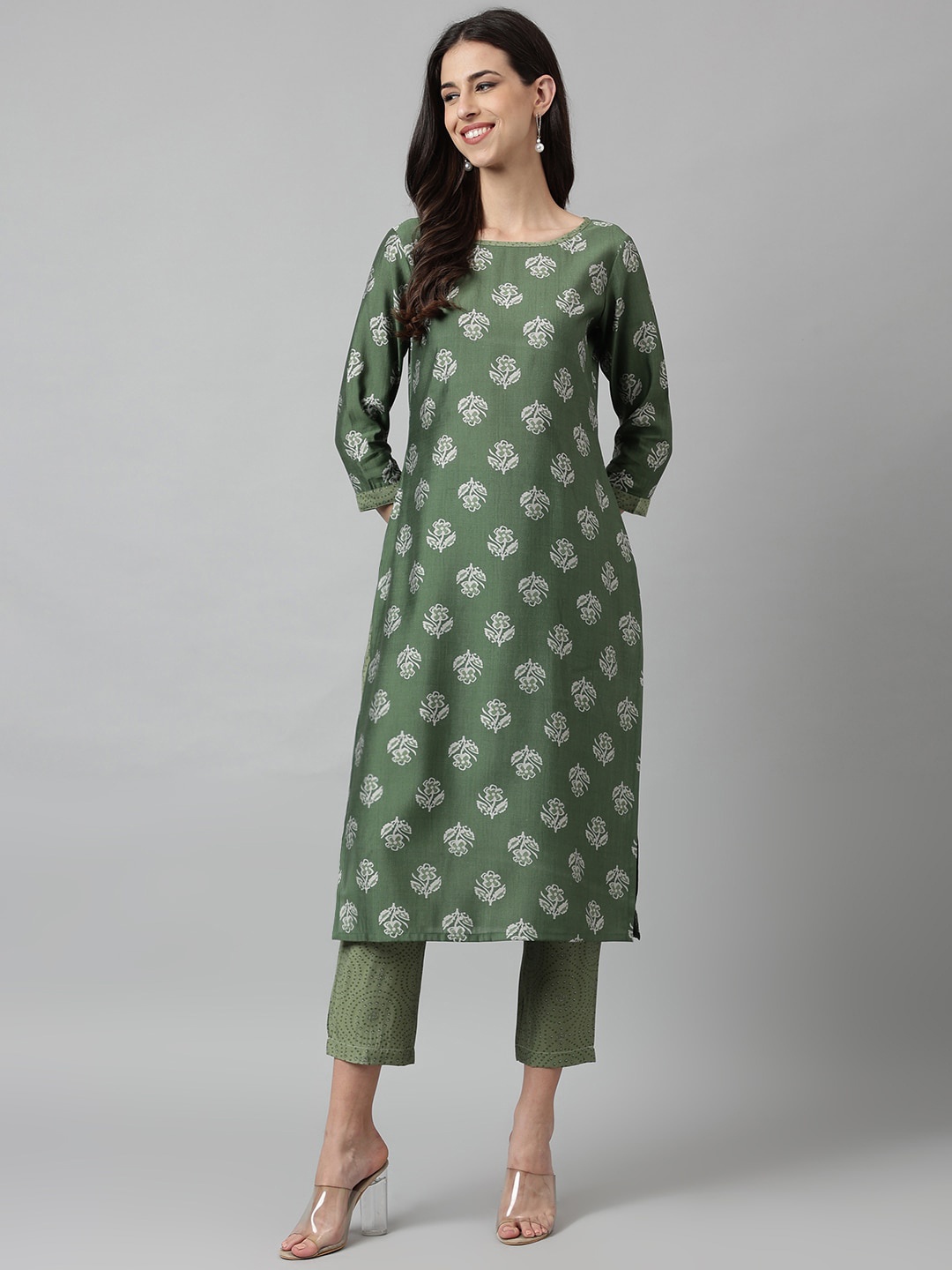 

KALINI Floral Printed Round Neck Thread Work Kurta with Trousers, Green