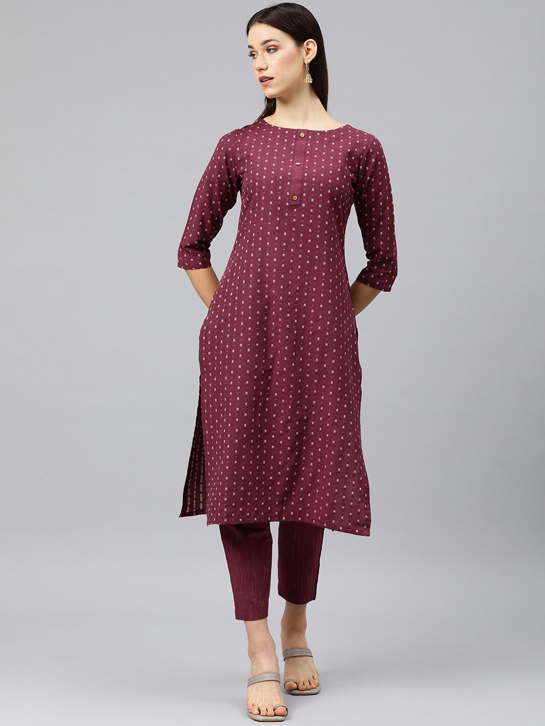 

KALINI Round Neck Thread Work Self-design Printed Straight Kurta with Trousers, Burgundy