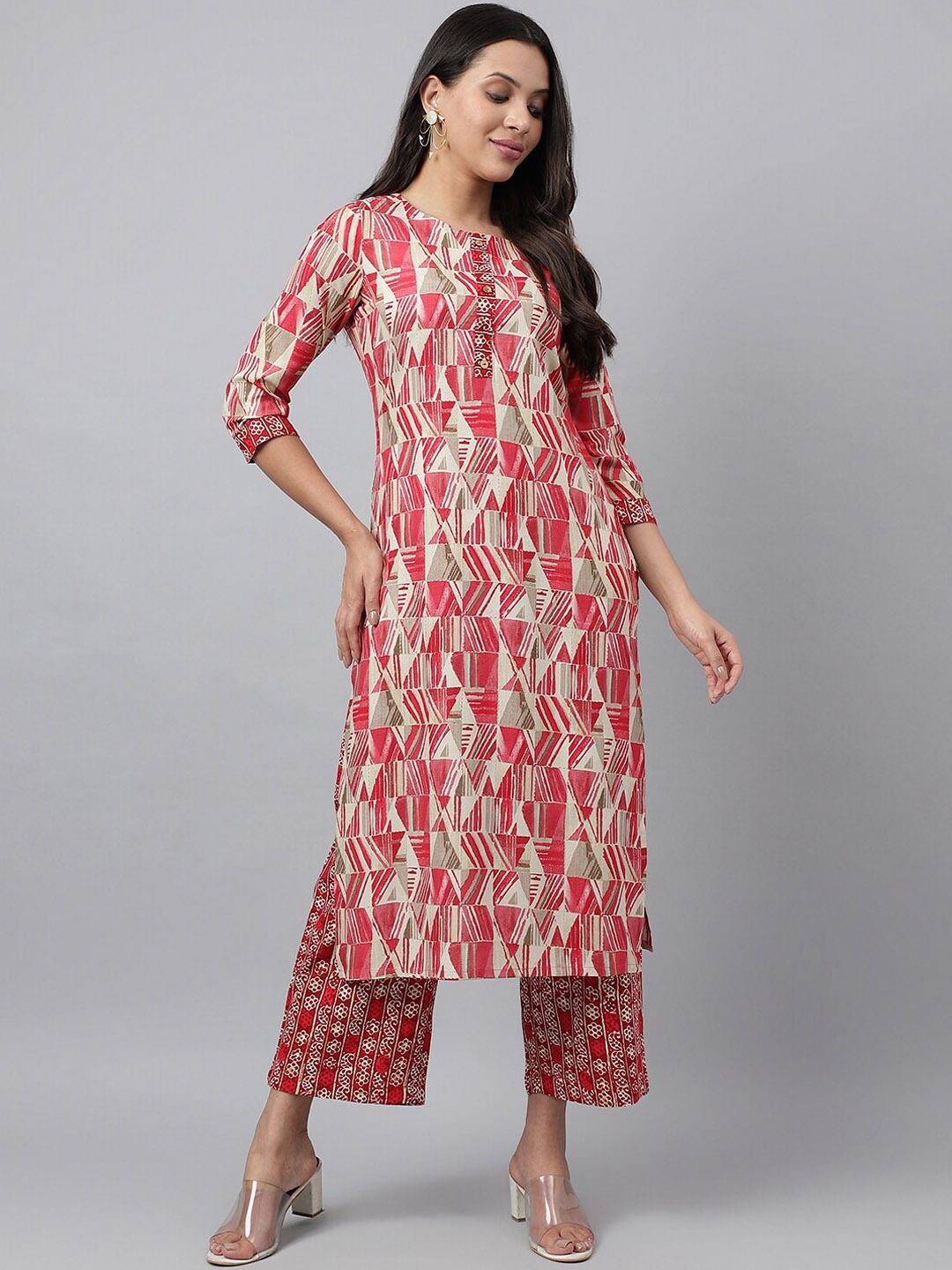 

KALINI Geometric Printed Round Neck Straight Kurta with Trousers, Red