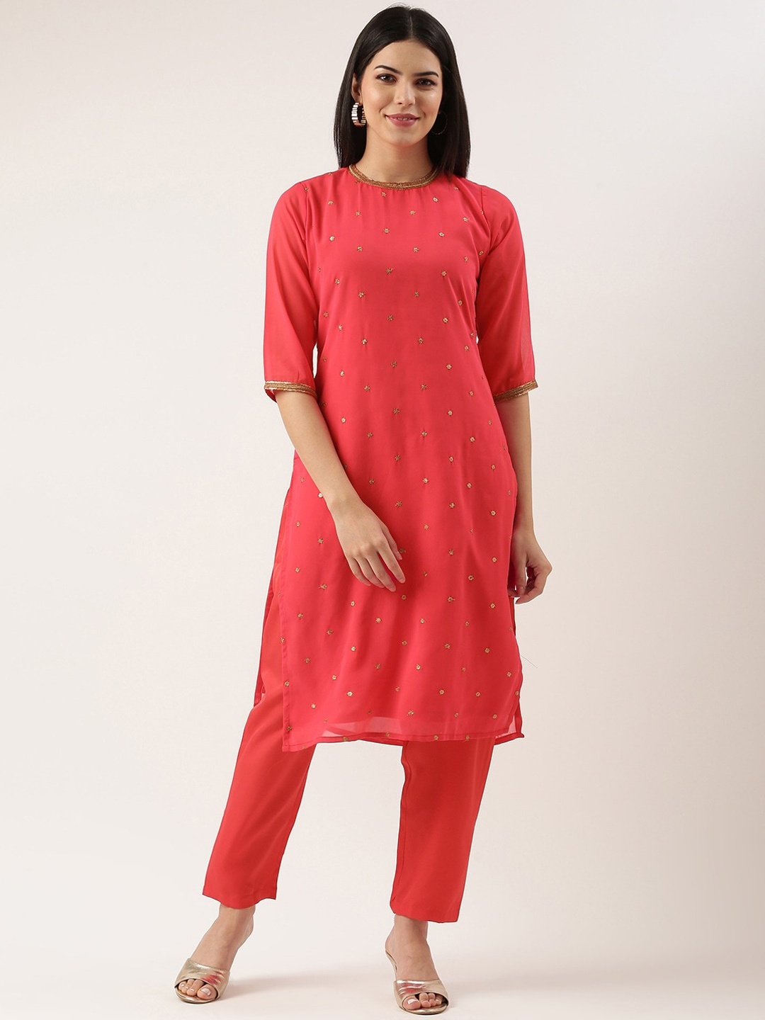 

KALINI Round Neck Ethnic Motifs Regular Sequinned Kurta with Trousers, Peach