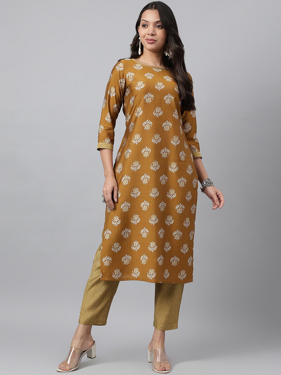 

KALINI Floral Printed Round Neck Straight Kurta & Trousers With Dupatta, Mustard