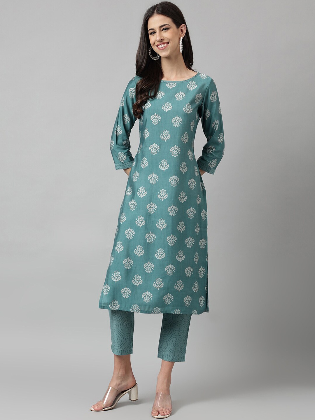 

KALINI Ethnic Motifs Printed Chanderi Cotton Straight Kurta With Trouser, Blue