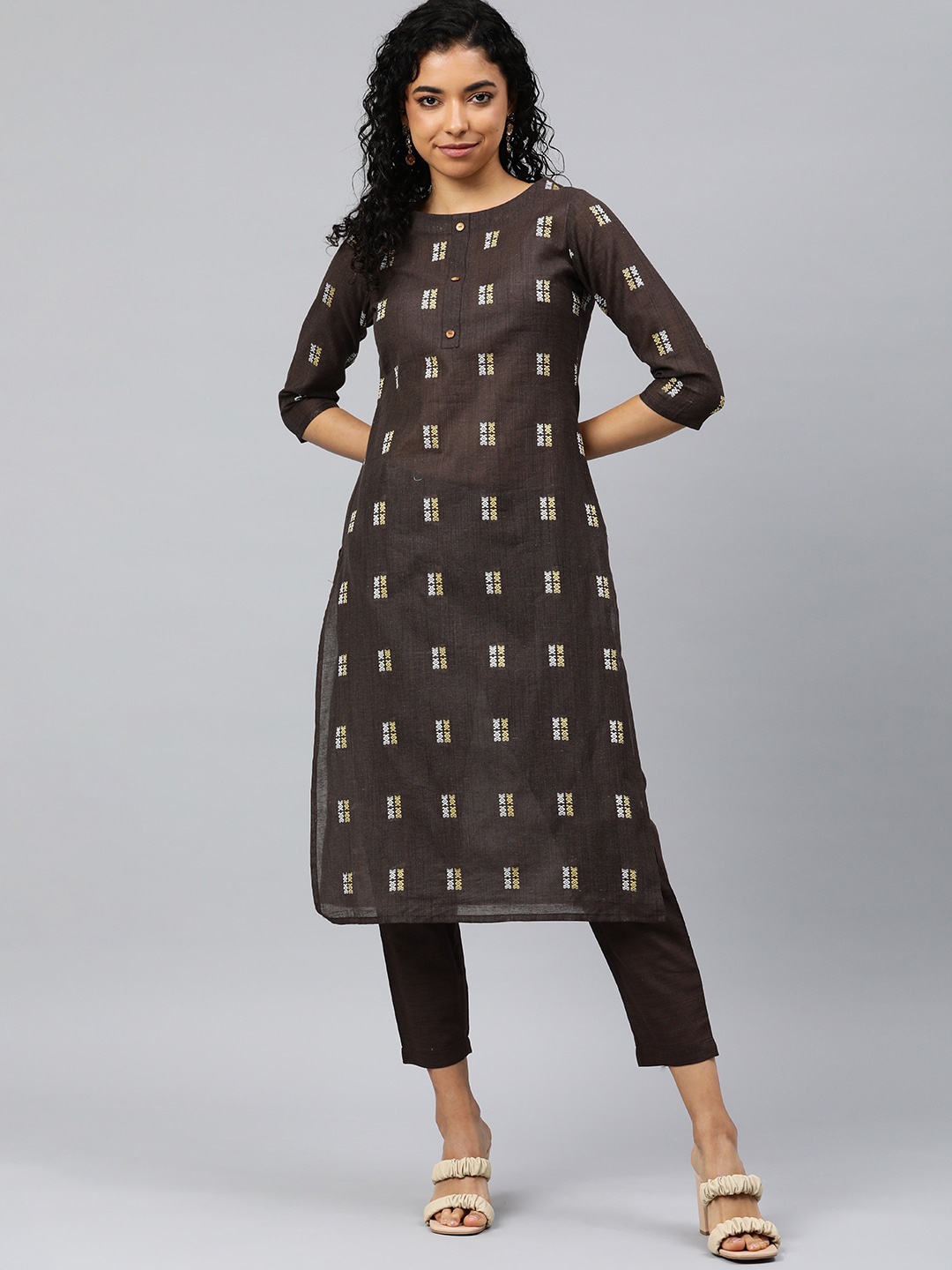 

HRITIKA Self Design Printed Round Neck Straight Kurta With Trouser, Brown