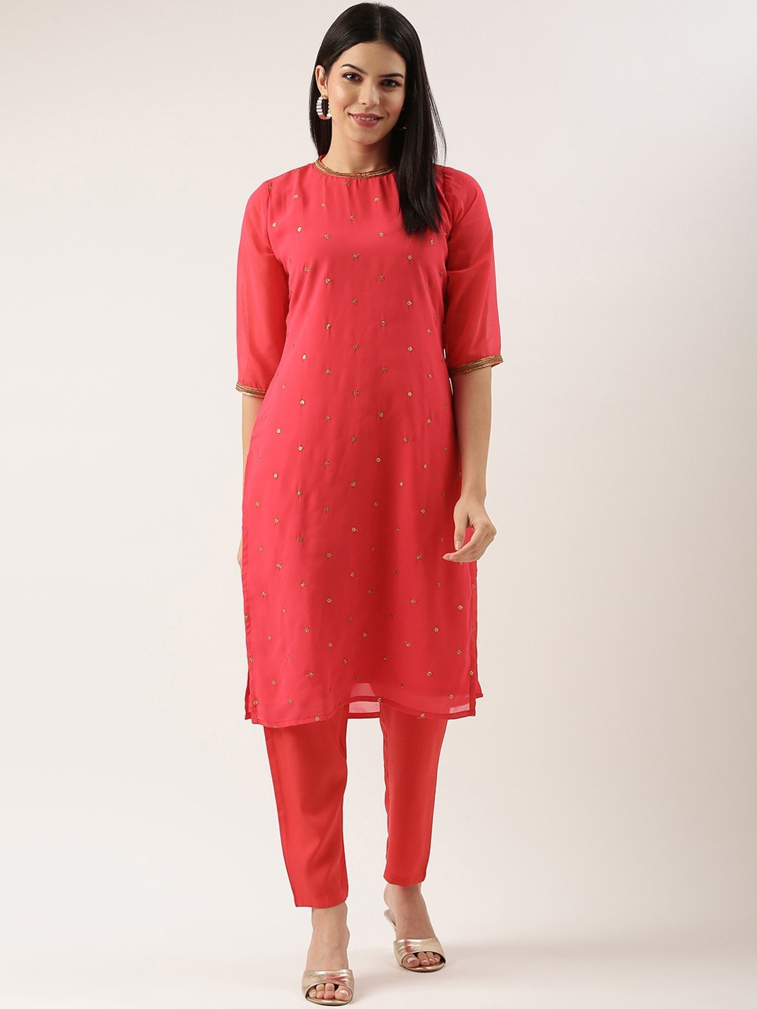 

HRITIKA Floral Sequinned Embroidered Round Neck Striaght Kurta With Trouser, Peach