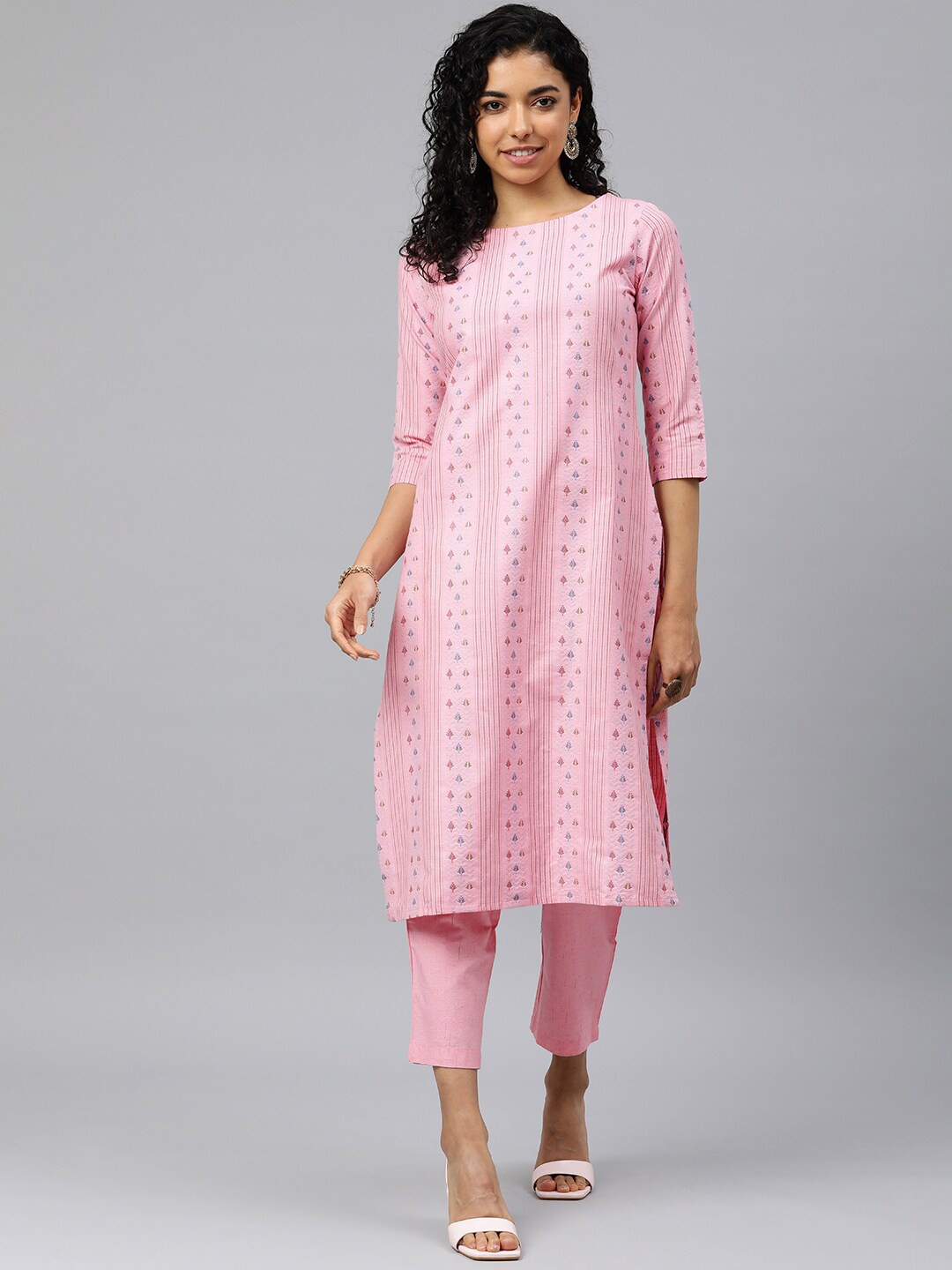 

HRITIKA Striped Woven Design Regular Thread Work Straight Kurta With Trouser, Pink