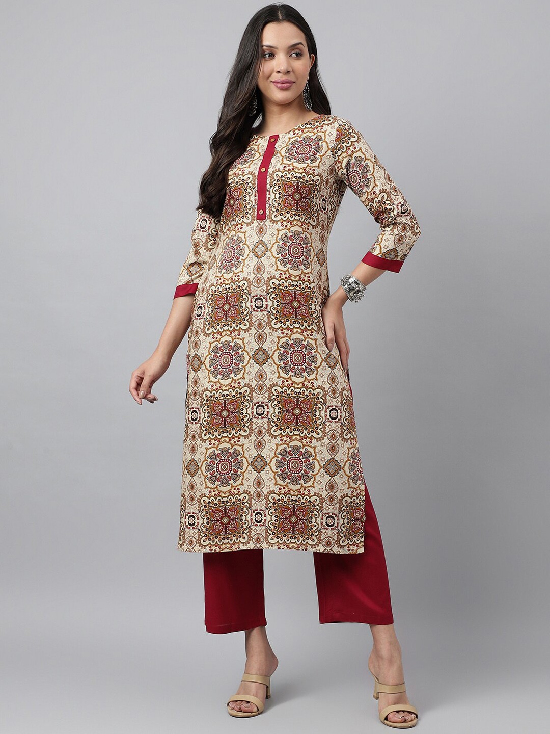 

HRITIKA Ethnic Motifs Printed Round Neck Straight Kurta With Trouser, Beige