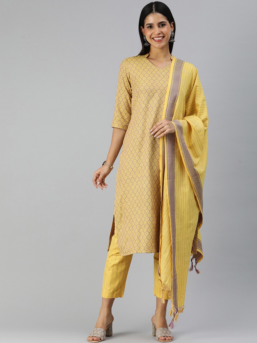 

HRITIKA Self Woven Design Straight Kurta With Trousers & Dupatta, Yellow