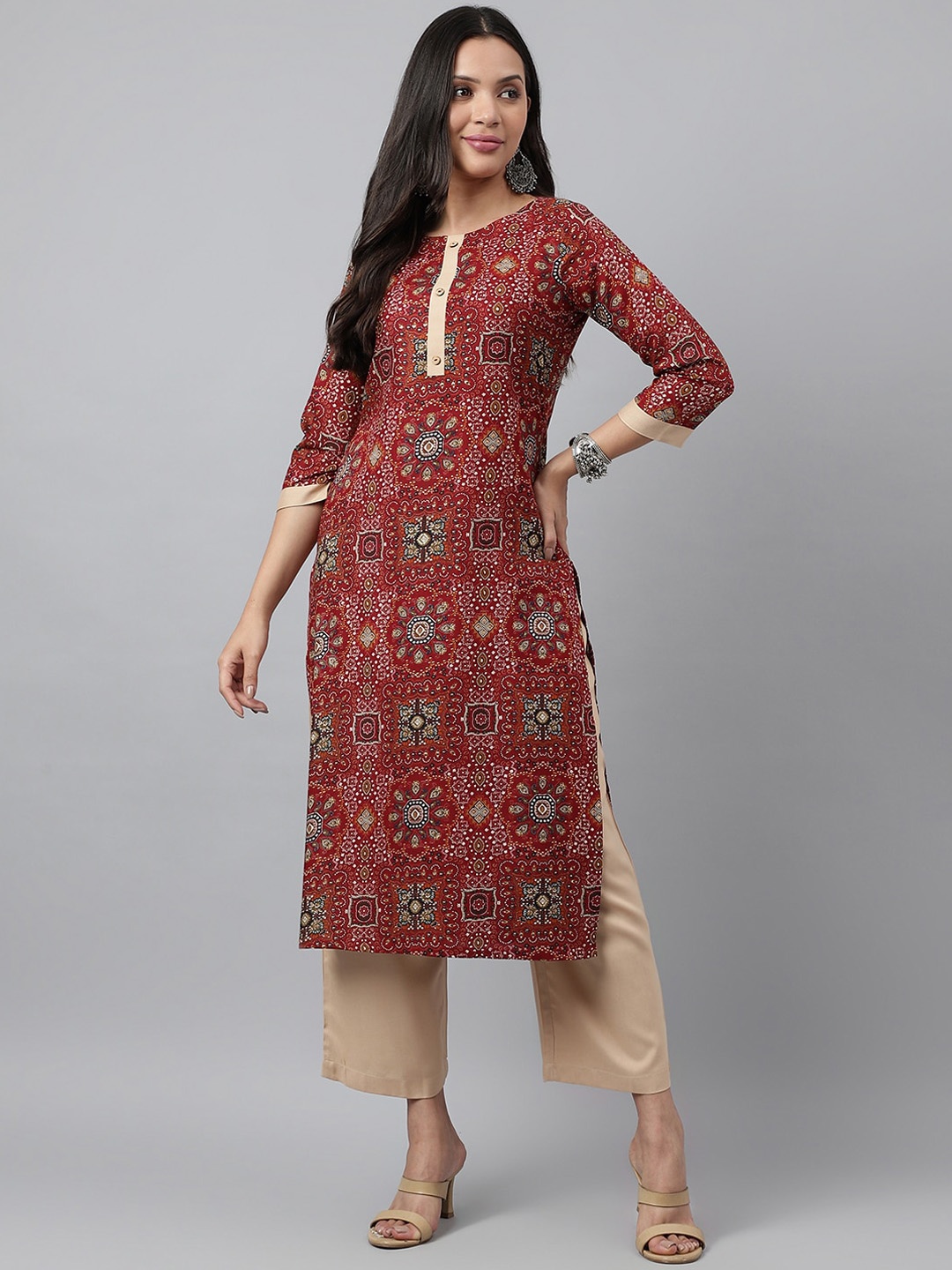 

HRITIKA Ethnic Motifs Printed Round Neck Straight Kurta With Trouser, Maroon