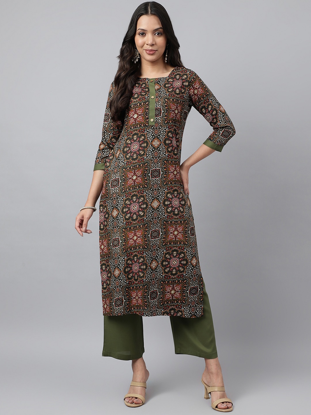 

HRITIKA Ethnic Motifs Printed Regular Straight Kurta With Palazzos, Green