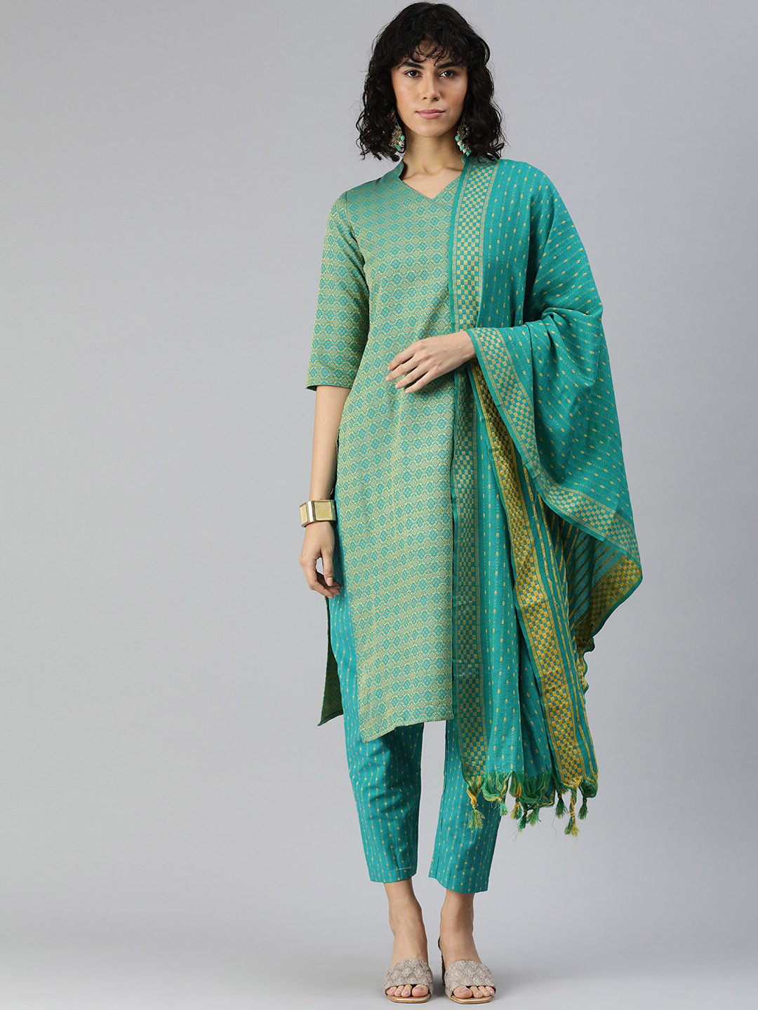 

HRITIKA Ethnic Motifs Woven Design Straight Kurta With Trouser & Dupatta, Green
