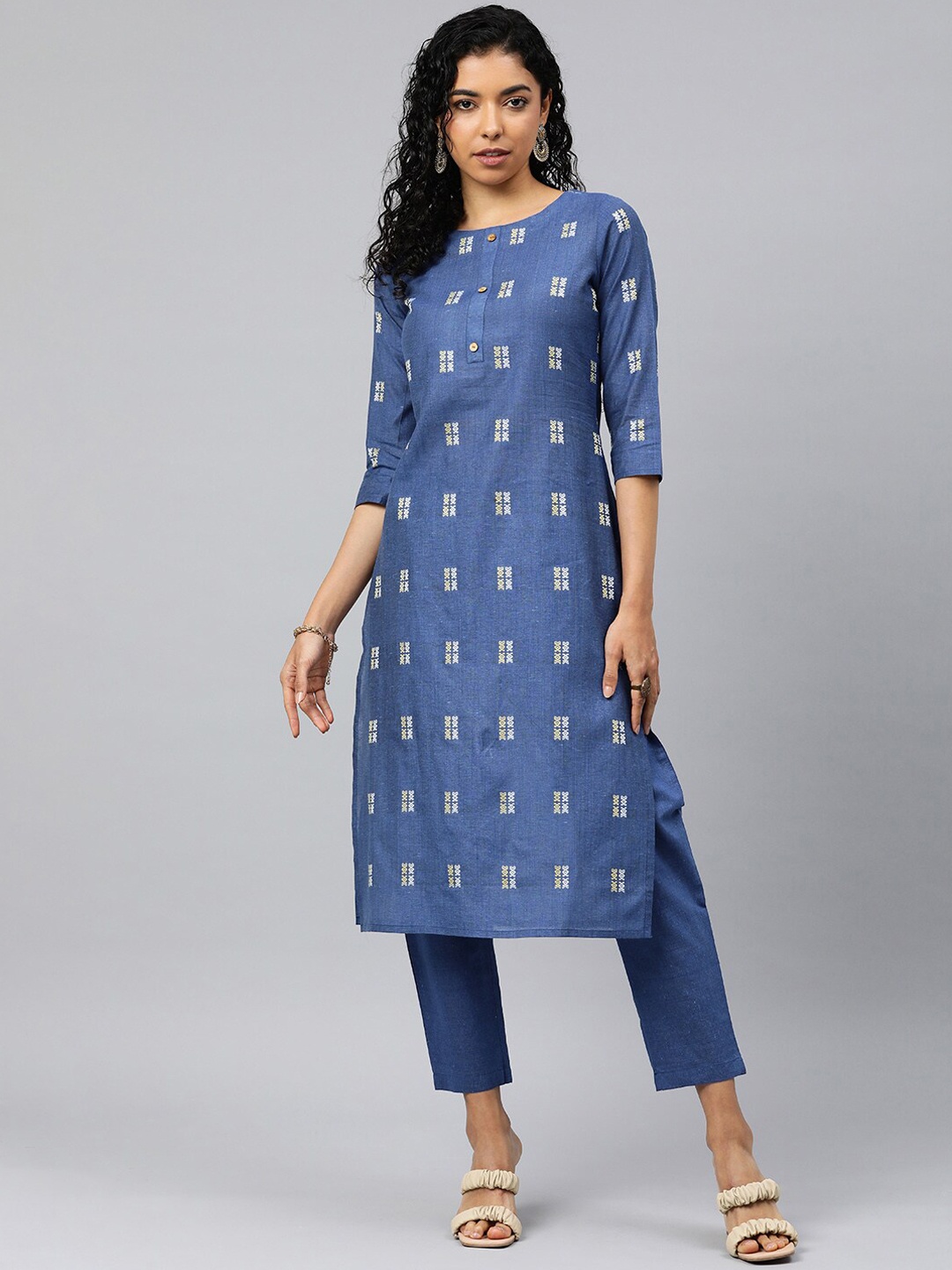 

HRITIKA Self Design Printed Round Neck Straight Kurta With Trouser, Blue