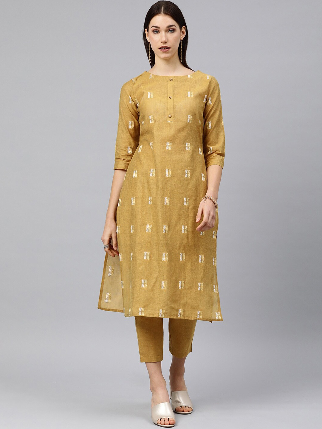 

HRITIKA Self Woven Design Round Neck Straight Kurta With Trouser, Mustard