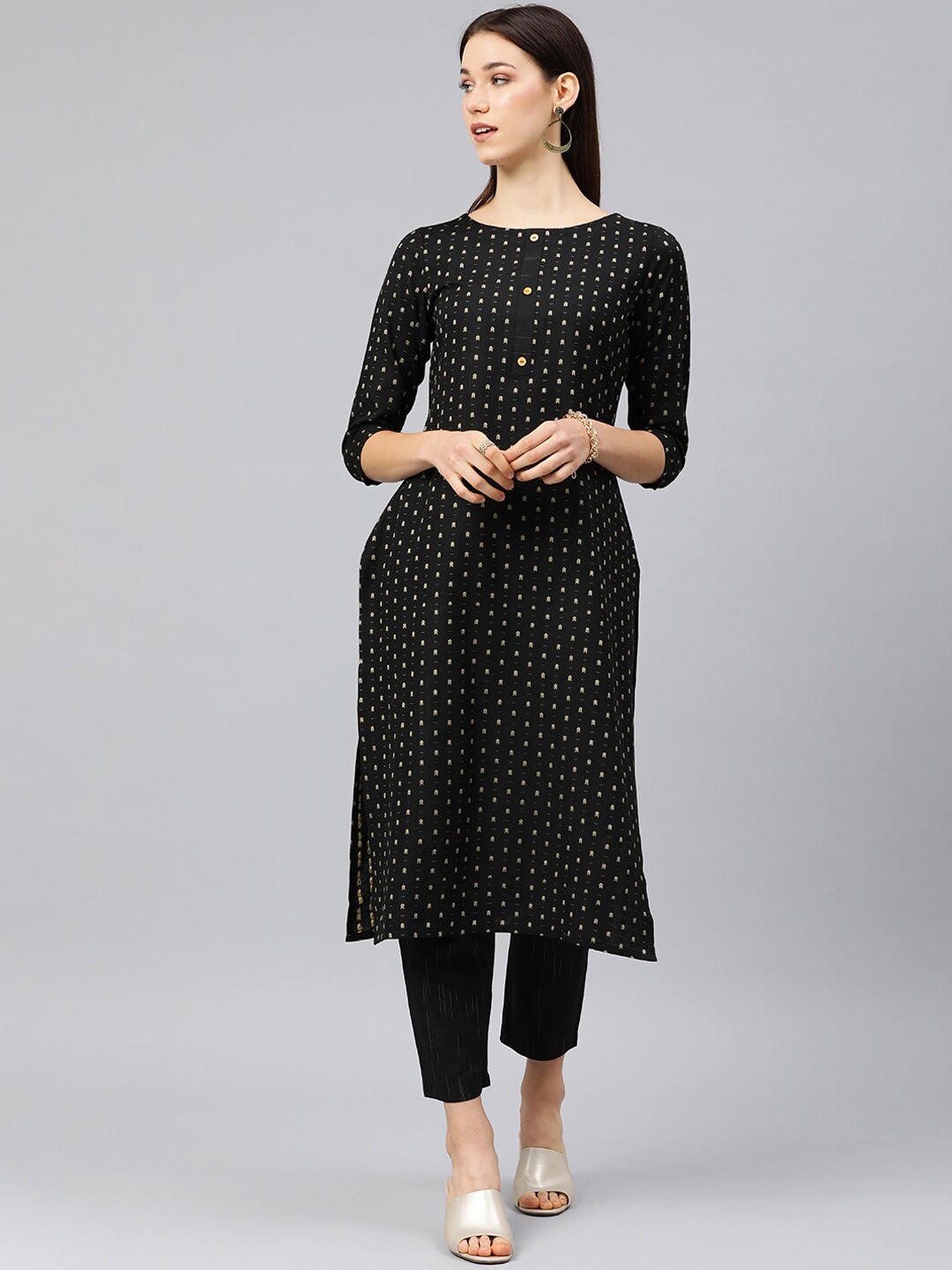 

HRITIKA Self Design Printed Round Neck Straight Kurta With Trouser, Black