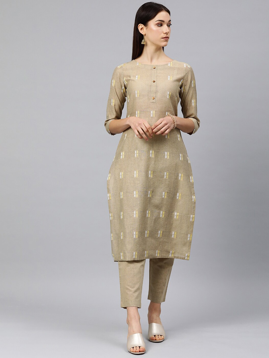 

HRITIKA Self Design Printed Round Neck Straight Kurta With Trouser, Beige