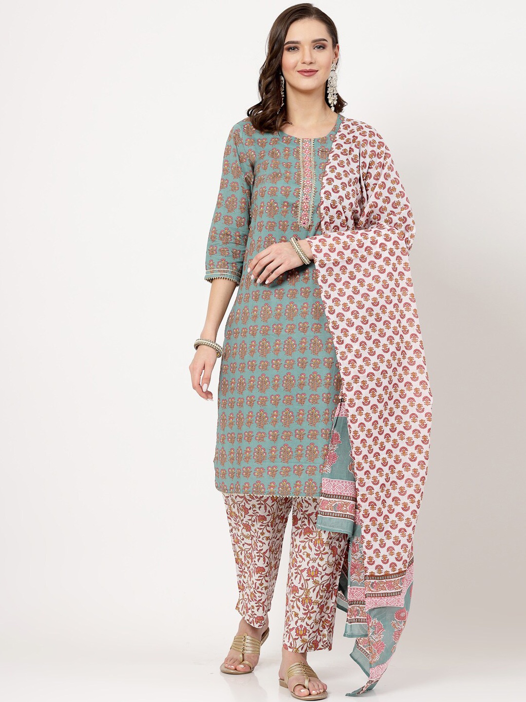 

SWAS Floral Printed Regular Mirror Work Kurta with Trousers & With Dupatta, Teal