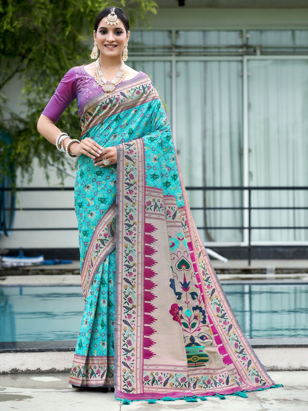 

LeeliPeeri Designer Ethnic Motifs Woven Design Zari Banarasi Silk Patola Saree, Turquoise blue