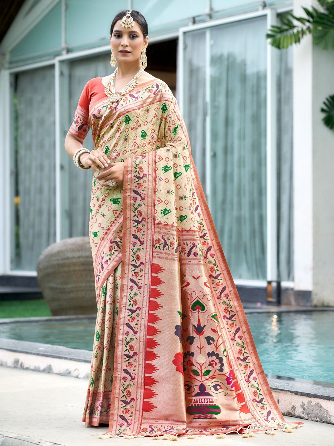 

LeeliPeeri Designer Ethnic Motifs Woven Design Zari Tasselled Banarasi Silk Patola Saree, Cream