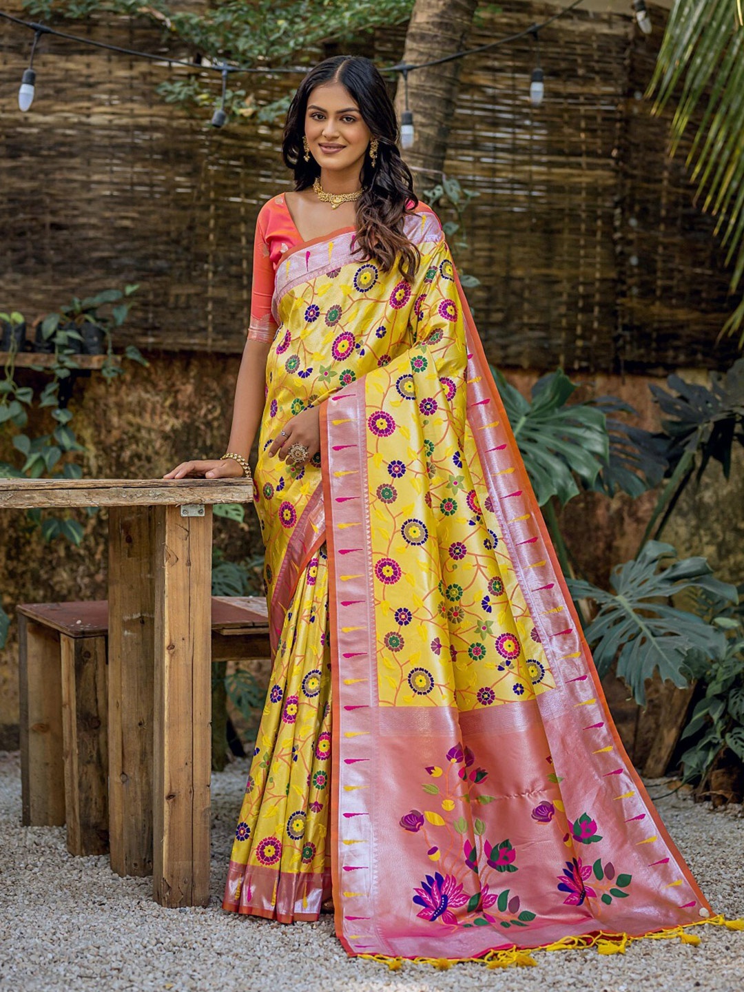 

LeeliPeeri Designer Ethnic Motifs Woven Design Zari Paithani Saree, Yellow