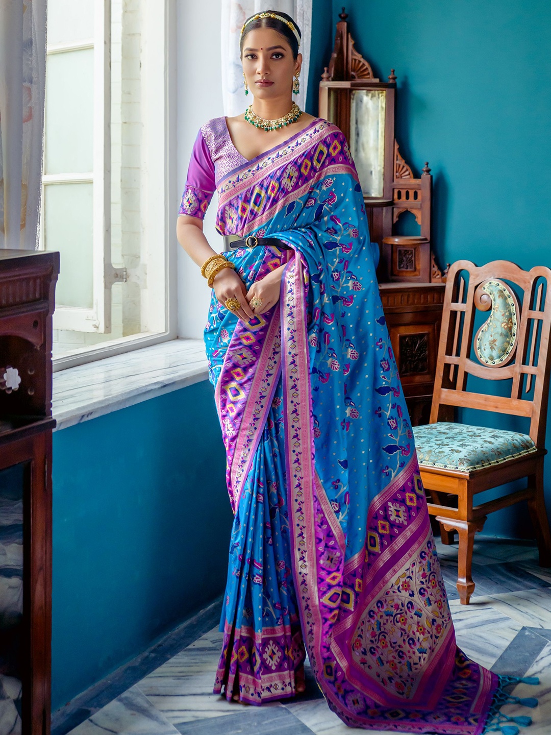 

LeeliPeeri Designer Ethnic Motifs Woven Design Zari Paithani Saree, Teal