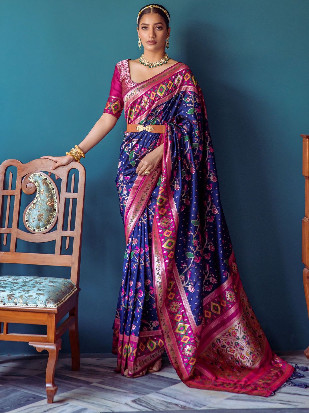 

LeeliPeeri Designer Ethnic Motifs Woven Design Zari Paithani Saree, Navy blue