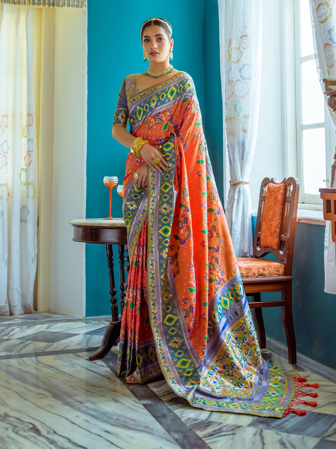 

LeeliPeeri Designer Woven Design Zari Paithani Saree, Orange
