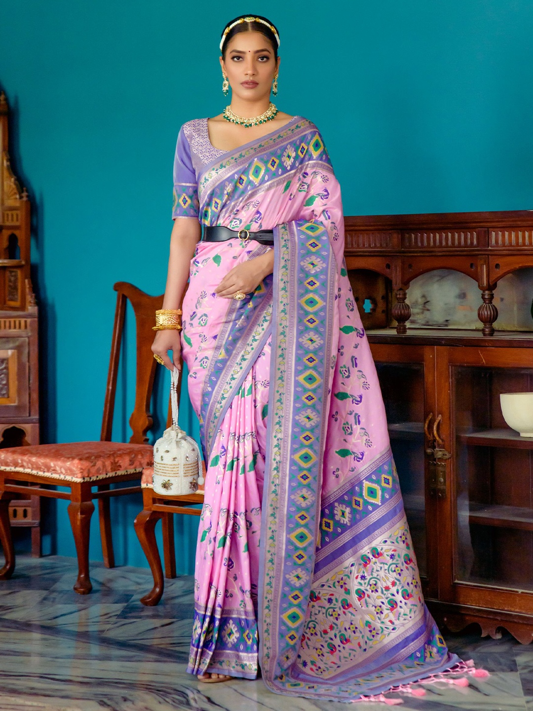 

LeeliPeeri Designer Ethnic Motifs Woven Design Zari Paithani Saree, Pink